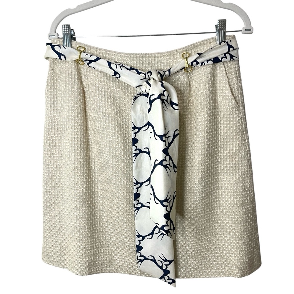 Elizabeth McKay Wool Mini Skirt Cream Tweed Gold Hardware Sash Belt SZ 6 EUC